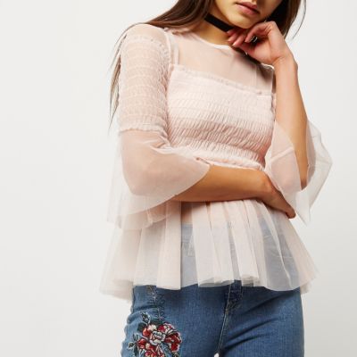 Light pink mesh pleated smock top
